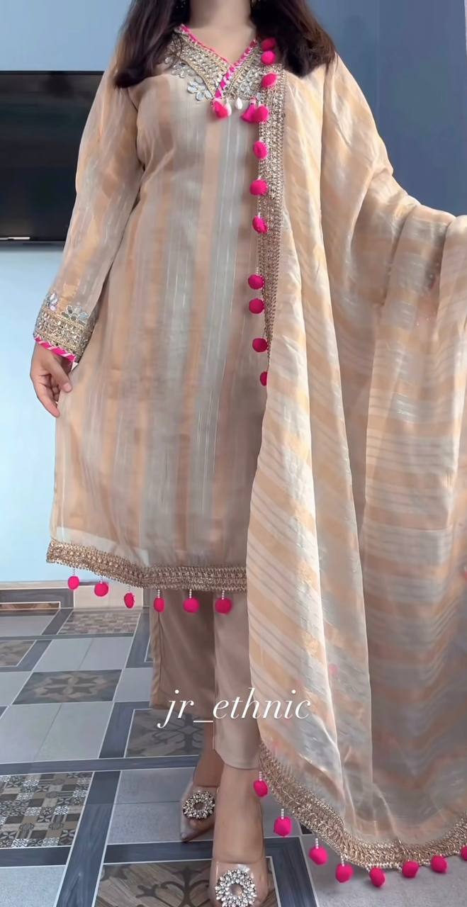 Cream Silk Embroidered With Mirror Work Suit Set