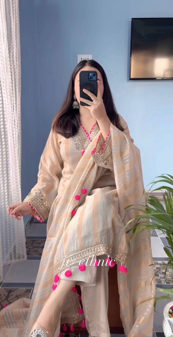 Cream Silk Embroidered With Mirror Work Suit Set