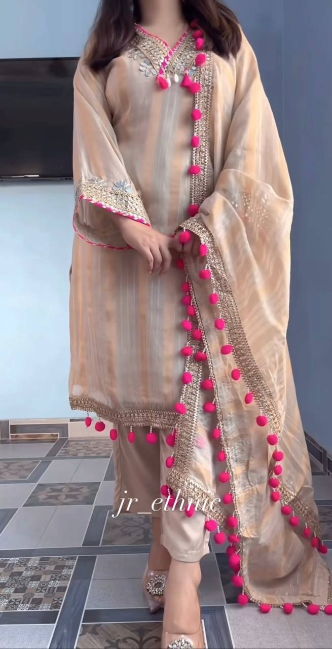 Cream Silk Embroidered With Mirror Work Suit Set