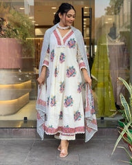 The divine and luxurious cotton fabric with digital Print gives it elegant look. It is decorated suit set with embroidery Nack work and lace work*