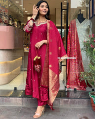 WOMEN RED CHANDERI SUIT SET