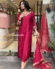 WOMEN RED CHANDERI SUIT SET