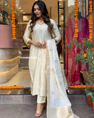 WOMEN WHITE CHANDERI SUIT SET