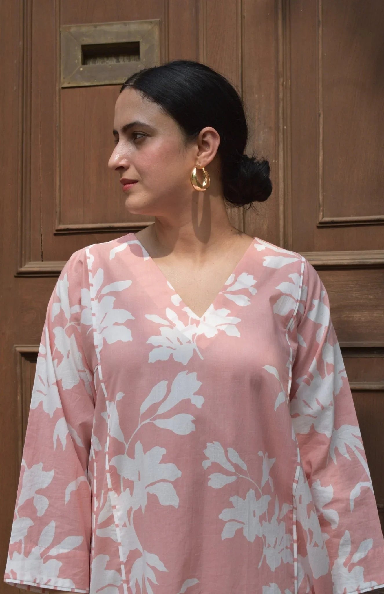 Pink Cotton Floral Printed Kurta With Stripe Pants