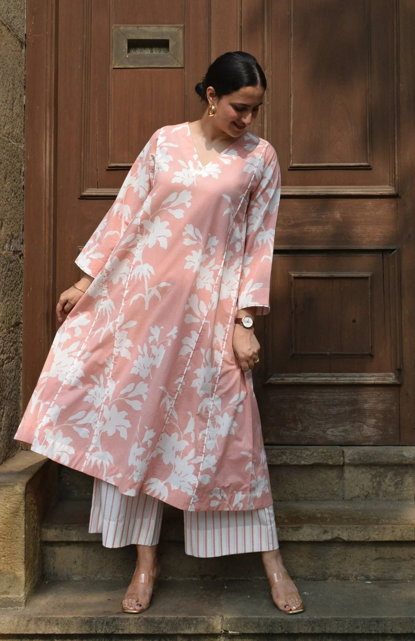 Pink Cotton Floral Printed Kurta With Stripe Pants