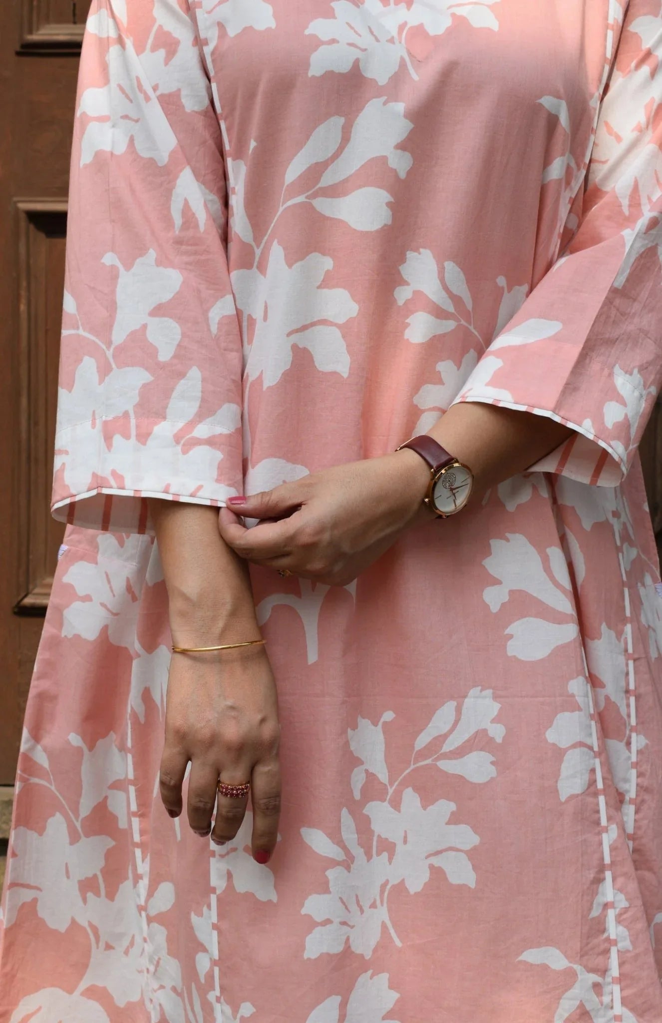 Pink Cotton Floral Printed Kurta With Stripe Pants
