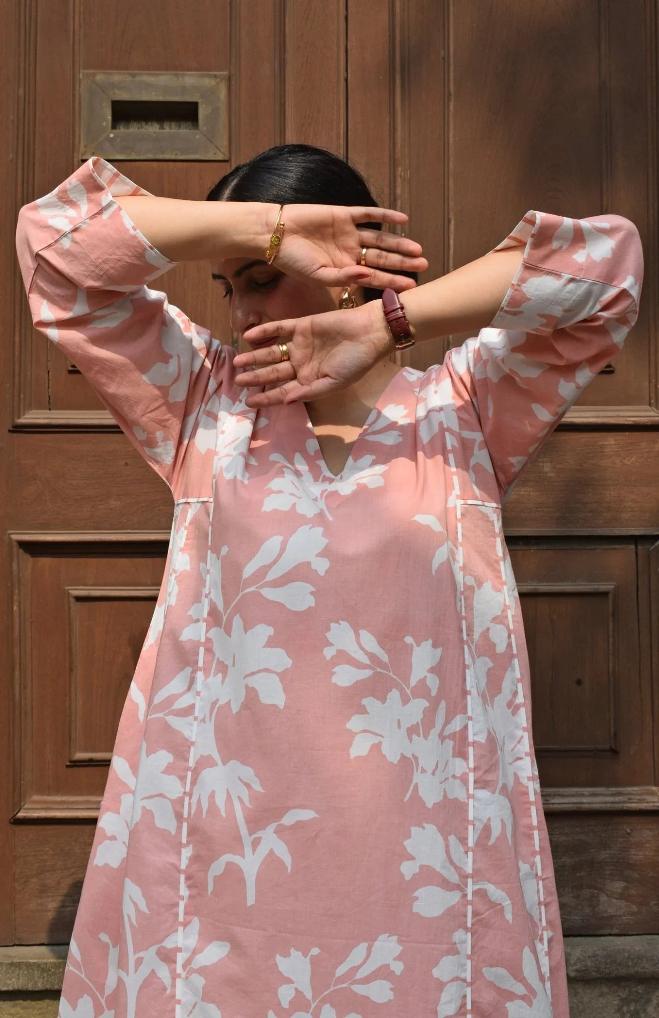 Pink Cotton Floral Printed Kurta With Stripe Pants