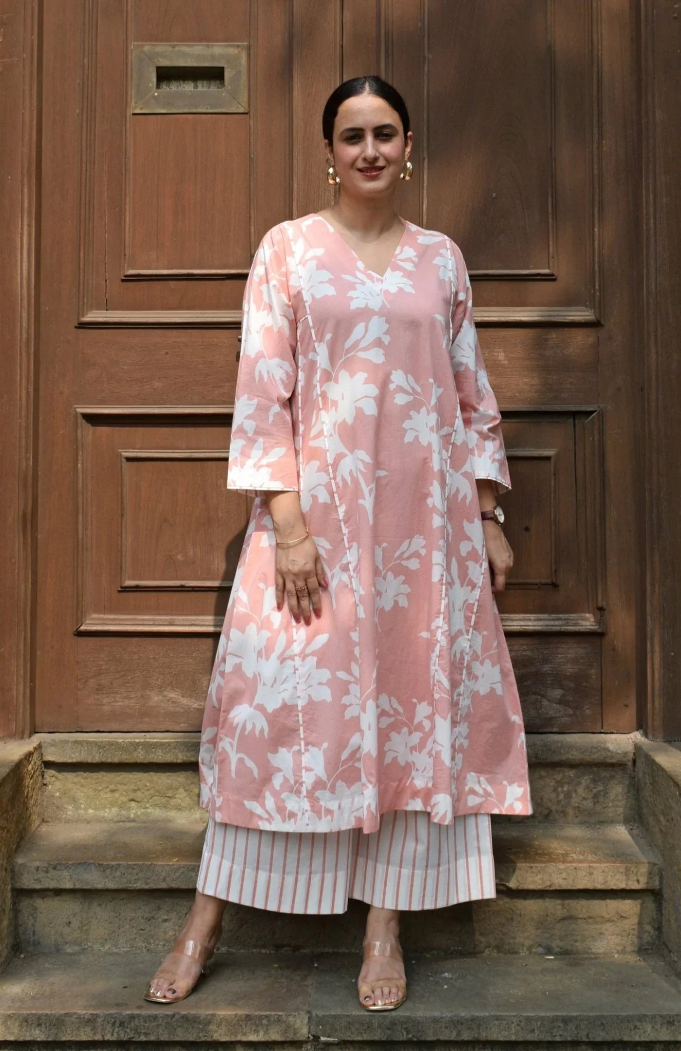 Pink Cotton Floral Printed Kurta With Stripe Pants