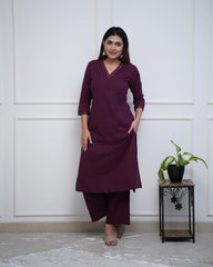 WOMEN PLAIN V-NECK KURTA SET