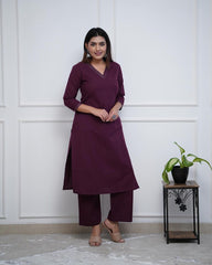 WOMEN PLAIN V-NECK KURTA SET