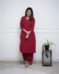 WOMEN PLAIN V-NECK KURTA SET