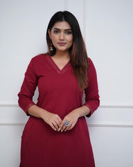 WOMEN PLAIN V-NECK KURTA SET