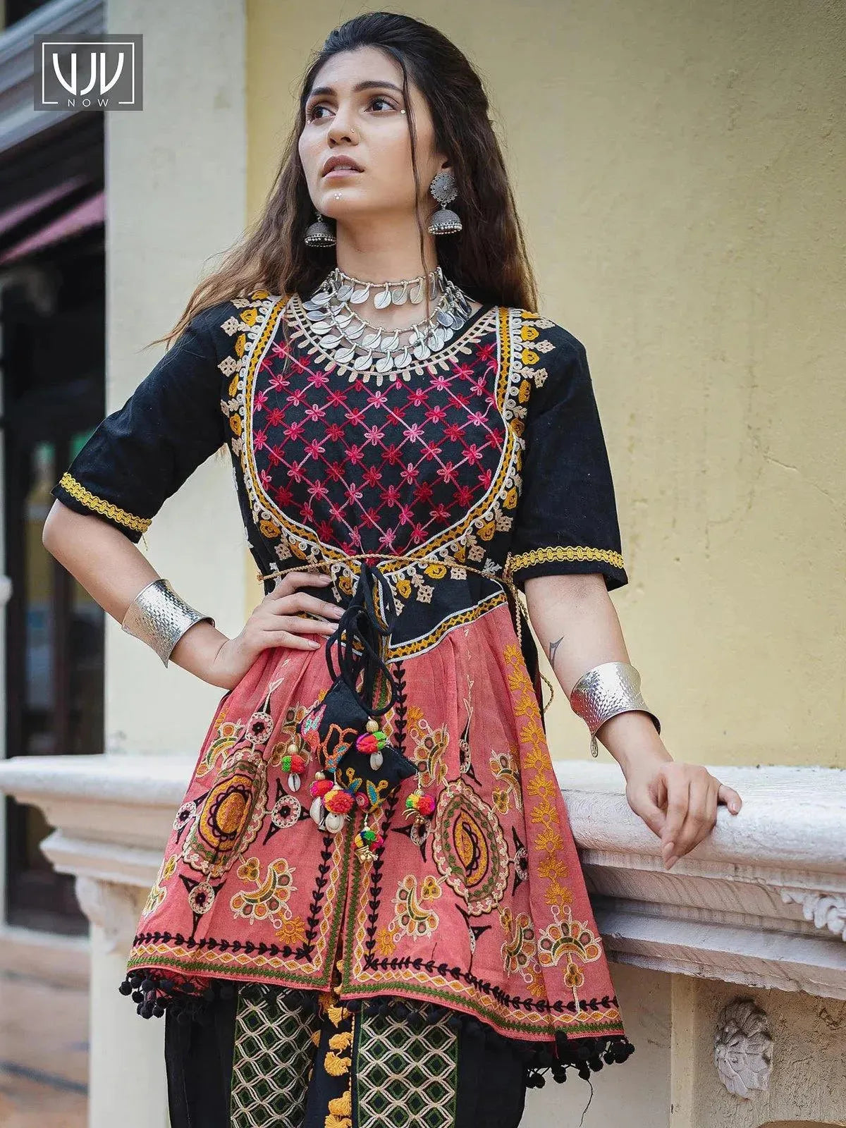 Black maharani yoke embroidered colorful kedia with black tulip pant