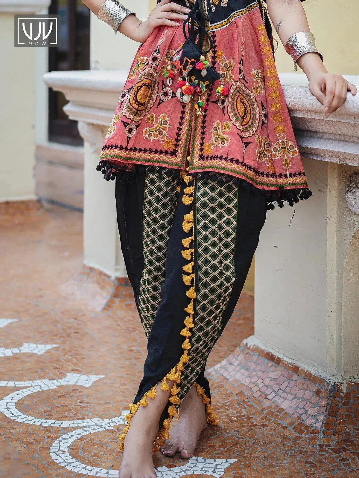 Black maharani yoke embroidered colorful kedia with black tulip pant