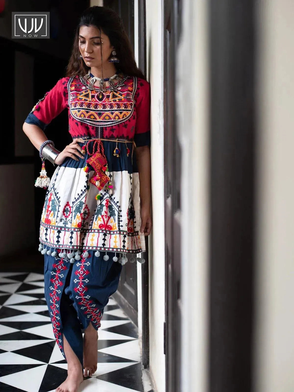 Red yoke and Parrot motif panel embroidered kedia and navy blue tulip pants set
