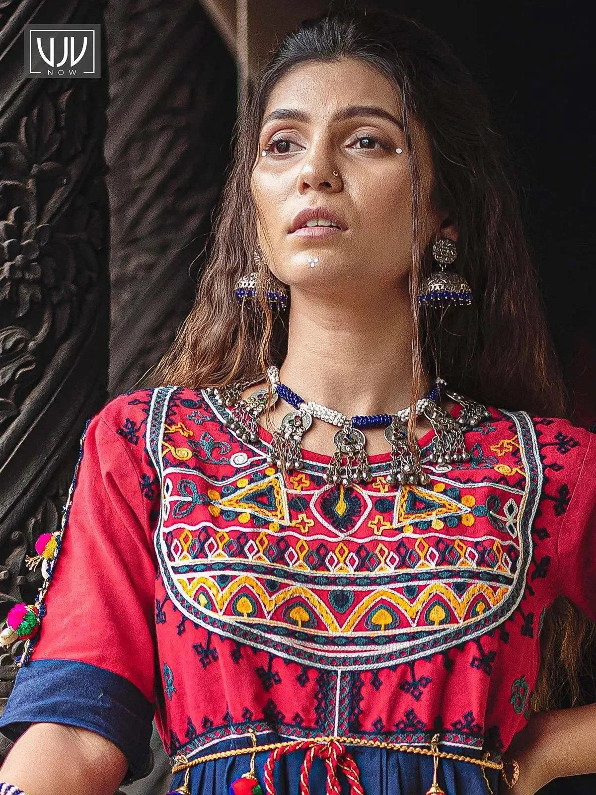 Red yoke and Parrot motif panel embroidered kedia and navy blue tulip pants set